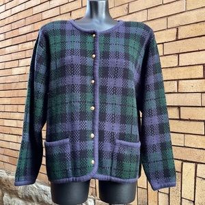 Vintage 90’s Crystal Kobe Purple & Green Plaid Knit Cardigan Sweater Size Large